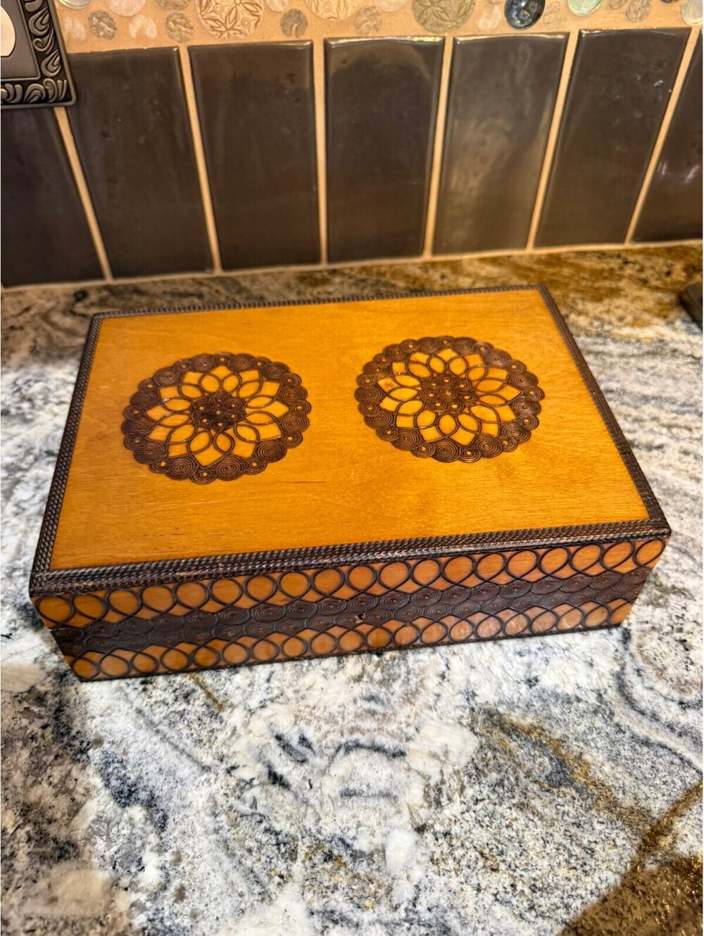 Polish Handcrafted Wood Decorative Jewelry Box with Pyrography Folk Art Design